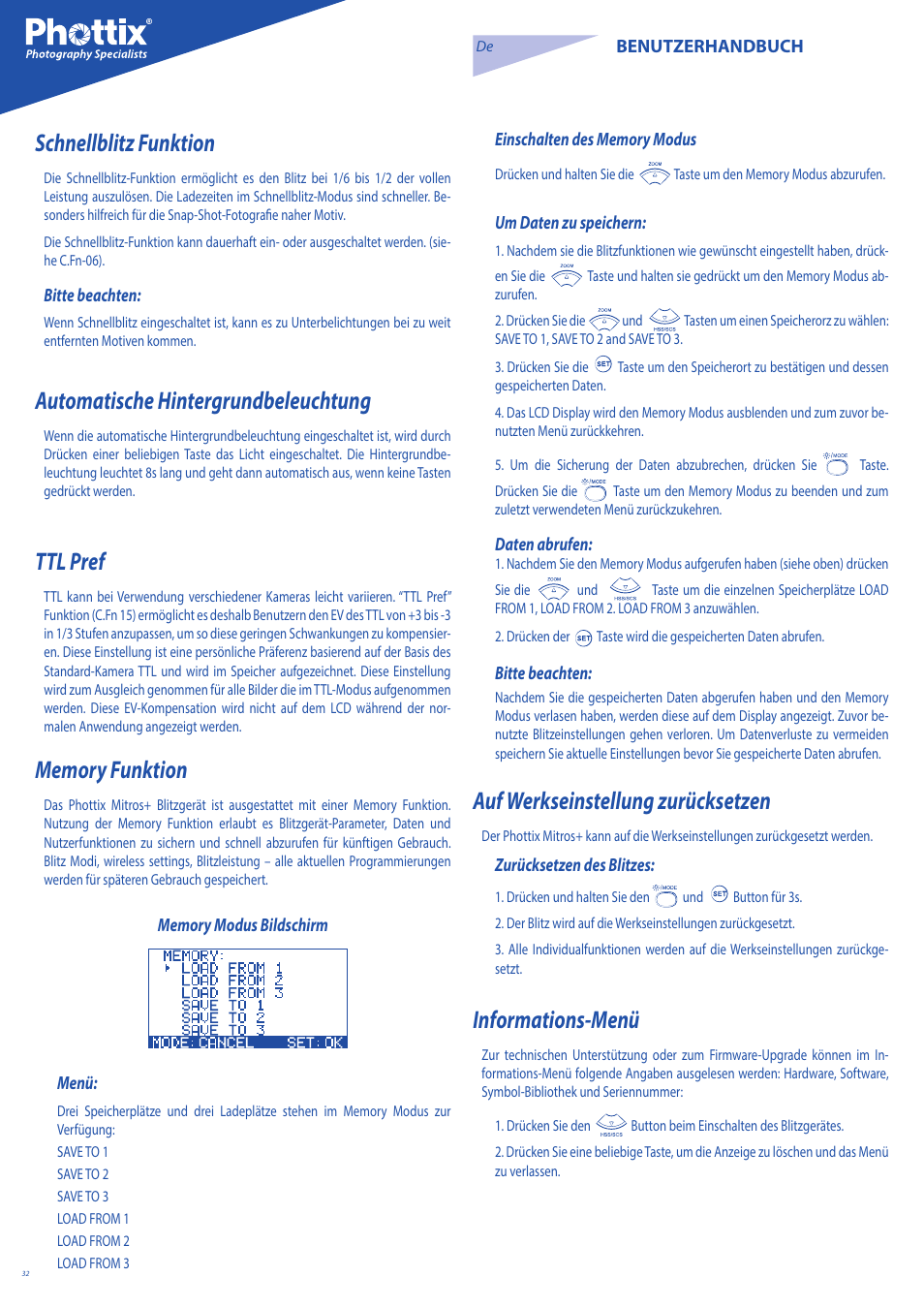 Schnellblitz funktion, Automatische hintergrundbeleuchtung, Ttl pref | Auf werkseinstellung zurücksetzen, Informations-menü | Phottix Mitros for Canon User Manual | Page 32 / 147