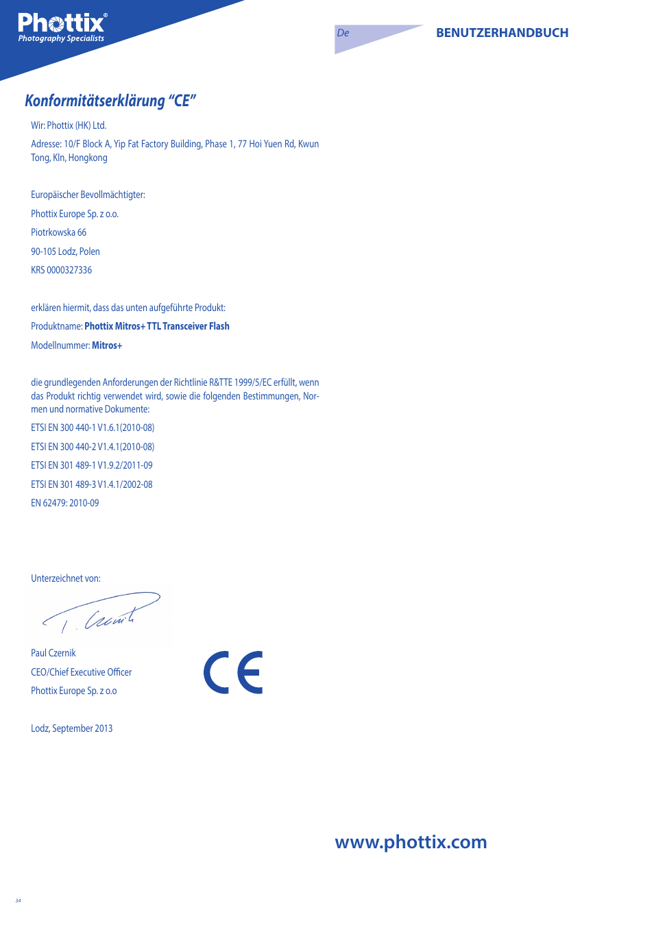 Konformitätserklärung “ce | Phottix Mitros for Canon User Manual | Page 34 / 147