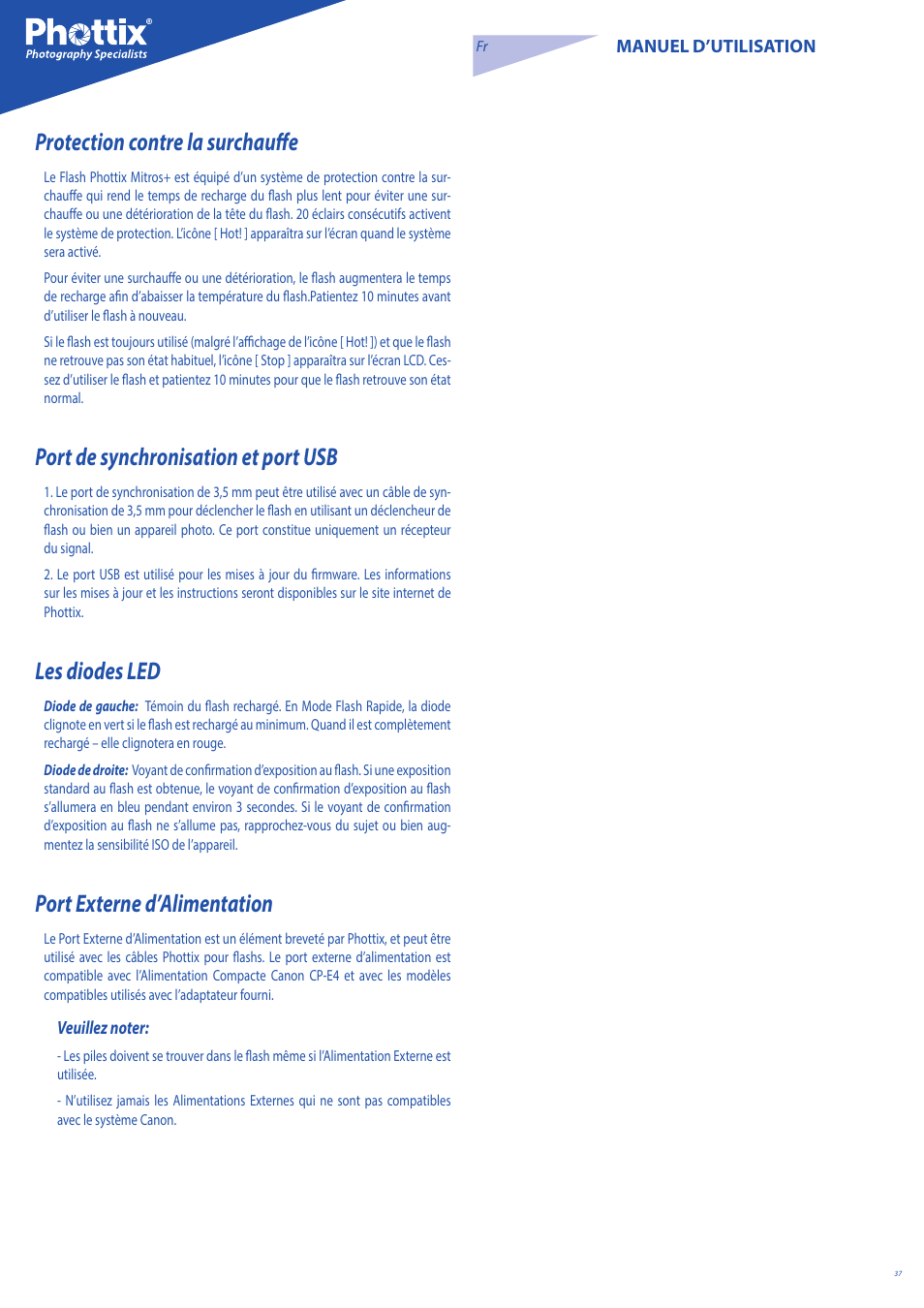 Protection contre la surchauffe, Port de synchronisation et port usb, Les diodes led | Port externe d’alimentation | Phottix Mitros for Canon User Manual | Page 37 / 147