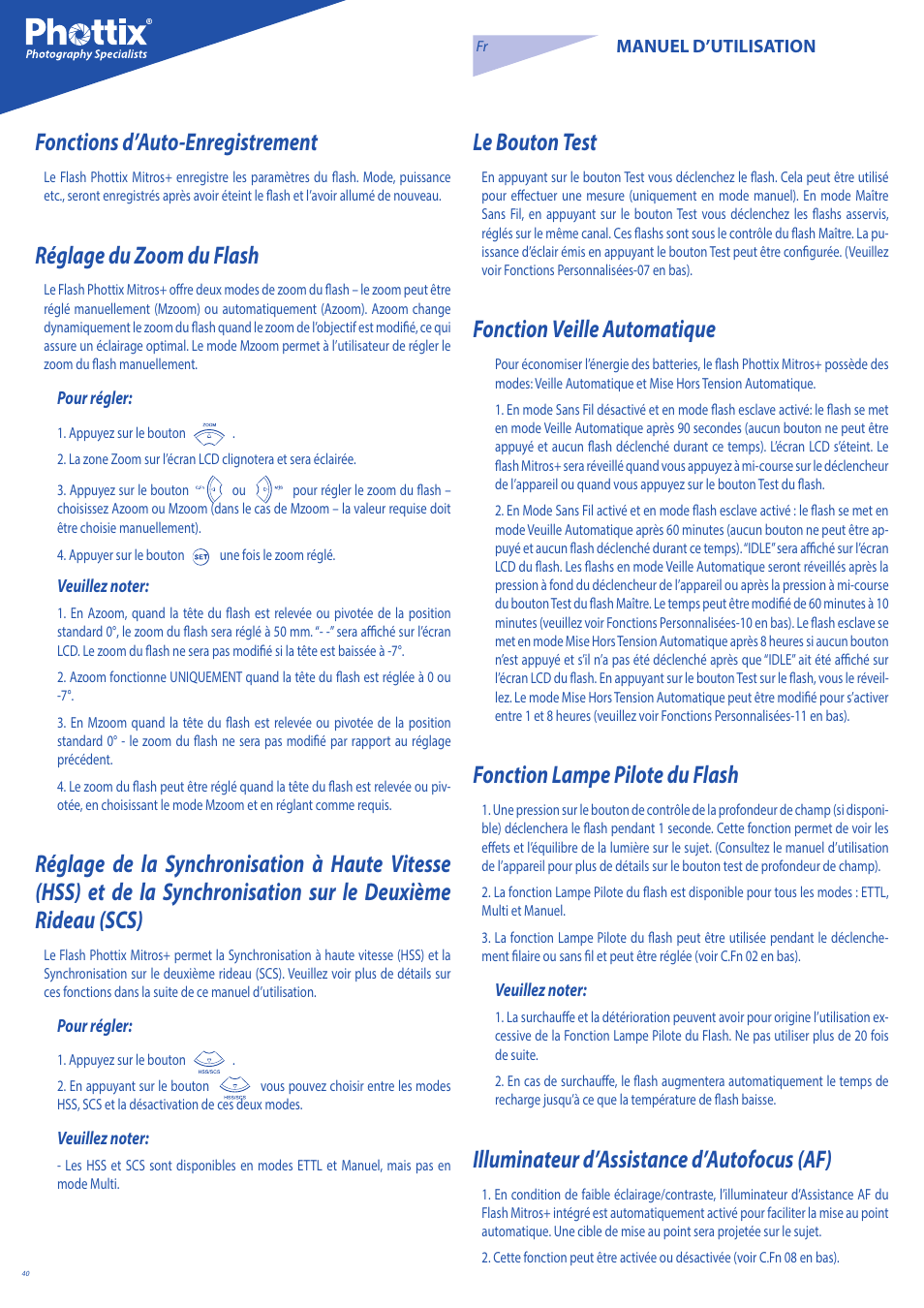 Fonctions d’auto-enregistrement, Réglage du zoom du flash, Le bouton test | Fonction veille automatique, Fonction lampe pilote du flash, Illuminateur d’assistance d’autofocus (af) | Phottix Mitros for Canon User Manual | Page 40 / 147