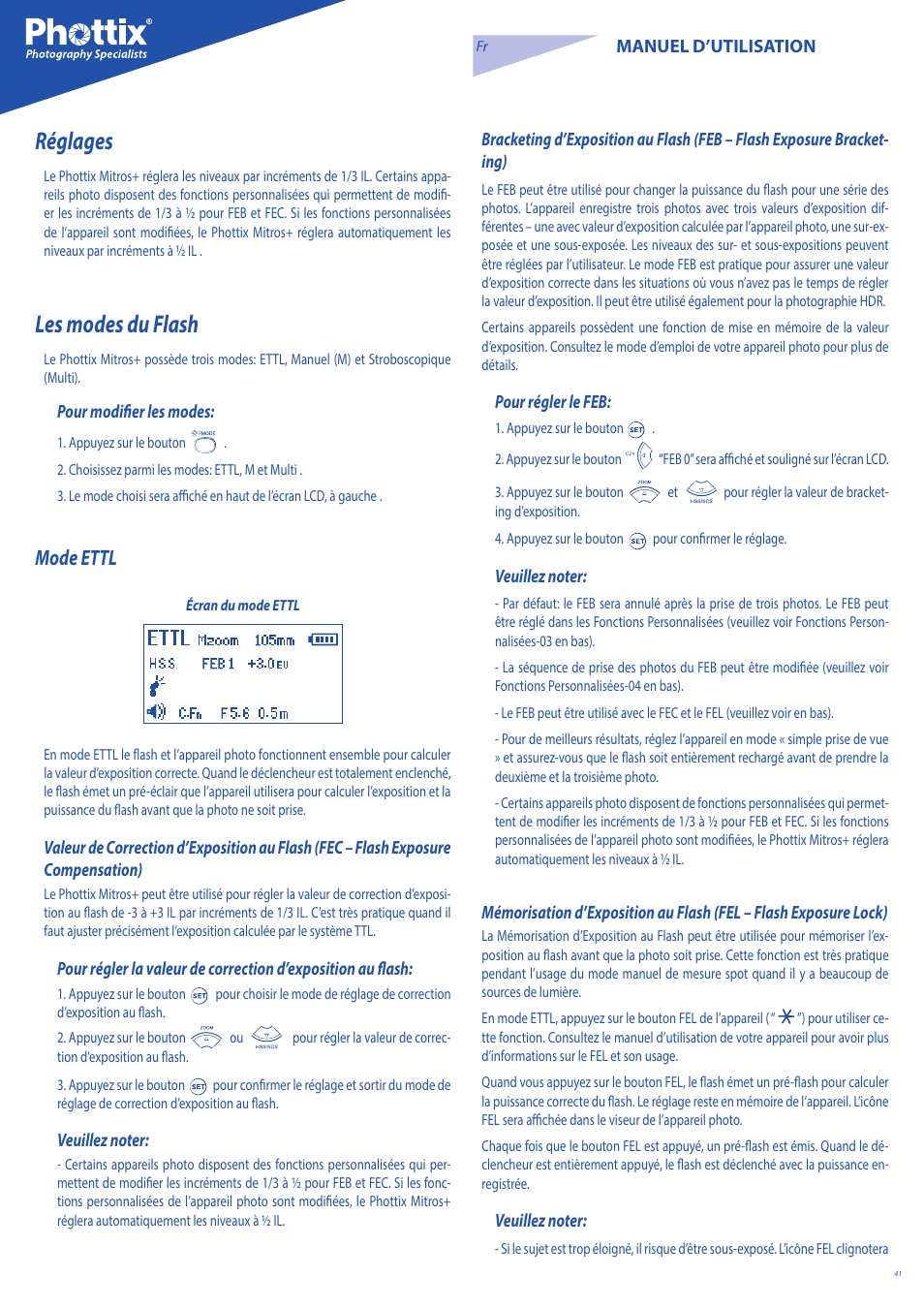 Réglages, Les modes du flash, Mode ettl | Phottix Mitros for Canon User Manual | Page 41 / 147