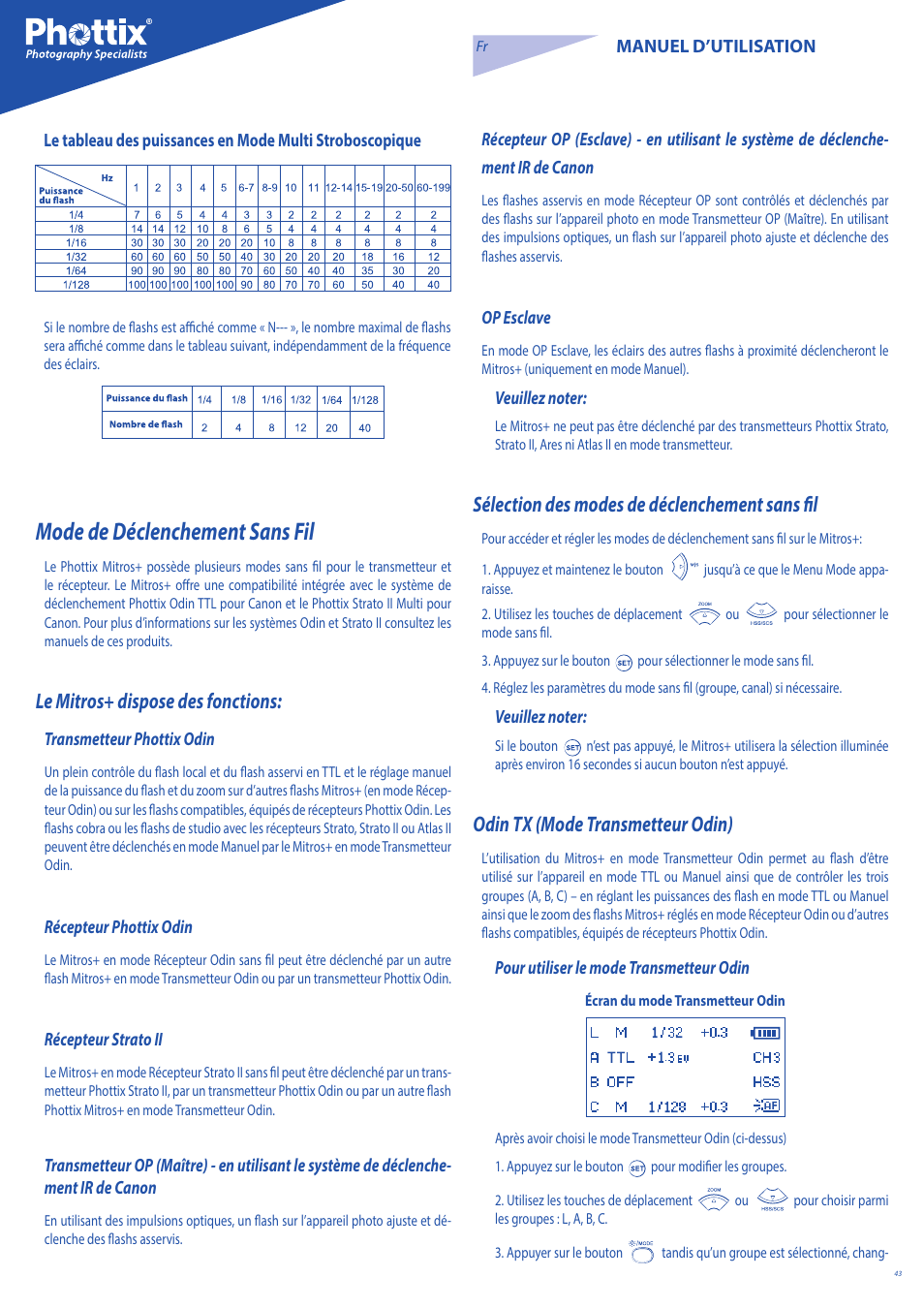 Mode de déclenchement sans fil, Le mitros+ dispose des fonctions, Sélection des modes de déclenchement sans fil | Odin tx (mode transmetteur odin) | Phottix Mitros for Canon User Manual | Page 43 / 147