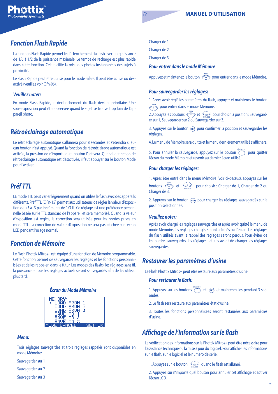 Fonction flash rapide, Rétroéclairage automatique, Préf ttl | Fonction de mémoire, Restaurer les paramètres d’usine, Affichage de l’information sur le flash | Phottix Mitros for Canon User Manual | Page 49 / 147