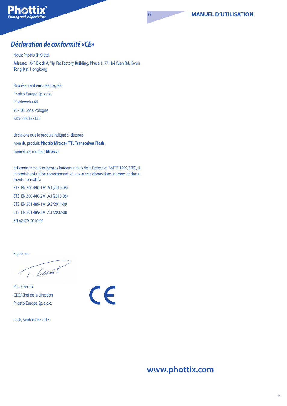 Déclaration de conformité «ce | Phottix Mitros for Canon User Manual | Page 51 / 147