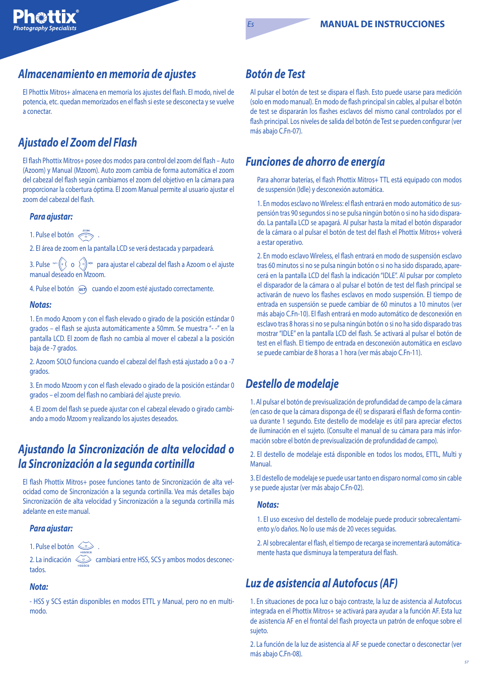 Ajustado el zoom del flash, Botón de test, Funciones de ahorro de energía | Destello de modelaje, Luz de asistencia al autofocus (af) | Phottix Mitros for Canon User Manual | Page 57 / 147