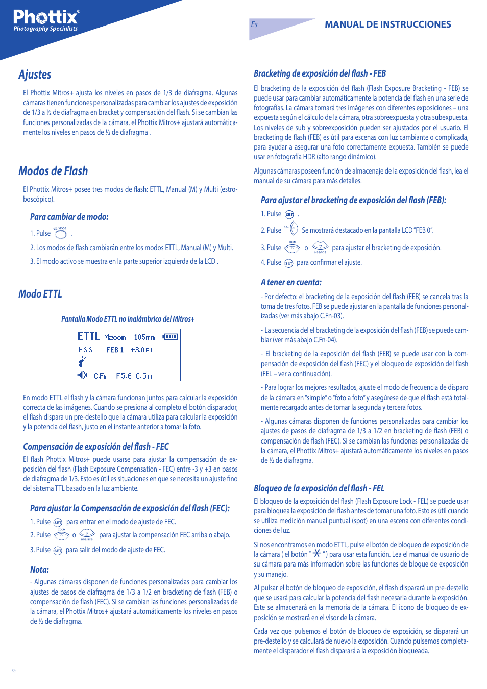 Ajustes, Modos de flash, Modo ettl | Phottix Mitros for Canon User Manual | Page 58 / 147