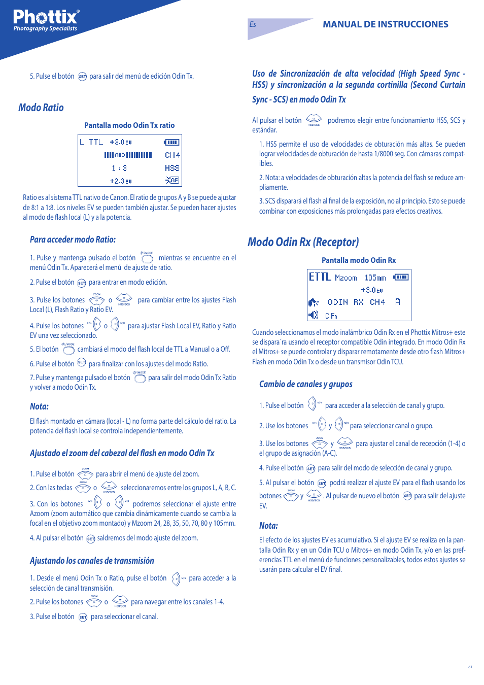 Modo odin rx (receptor), Modo ratio, Manual de instrucciones | Para acceder modo ratio, Nota, Ajustando los canales de transmisión, Cambio de canales y grupos | Phottix Mitros for Canon User Manual | Page 61 / 147