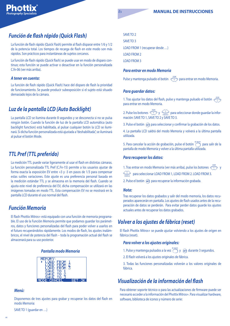 Función de flash rápido (quick flash), Luz de la pantalla lcd (auto backlight), Ttl pref (ttl preferido) | Volver a los ajustes de fábrica (reset), Visualización de la información del flash | Phottix Mitros for Canon User Manual | Page 66 / 147