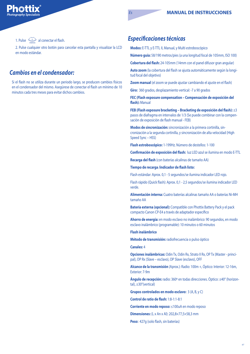 Especificaciones técnicas, Cambios en el condensador | Phottix Mitros for Canon User Manual | Page 67 / 147