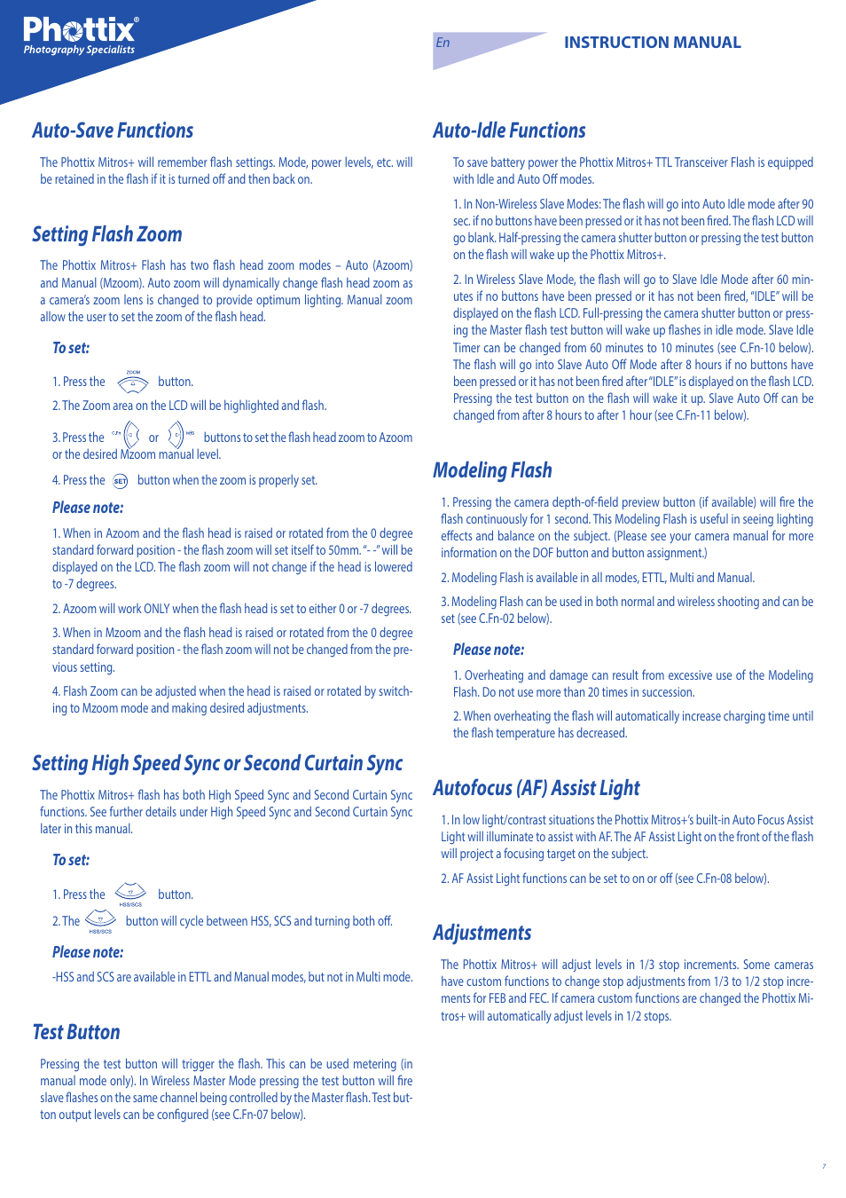 Auto-save functions, Setting flash zoom, Setting high speed sync or second curtain sync | Test button, Auto-idle functions, Modeling flash, Autofocus (af) assist light, Adjustments | Phottix Mitros for Canon User Manual | Page 7 / 147