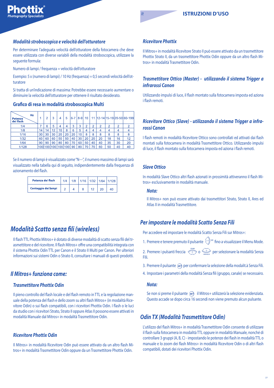 Modalità scatto senza fili (wireless), Il mitros+ funziona come, Per impostare le modalità scatto senza fili | Odin tx (modalità trasmettitore odin) | Phottix Mitros for Canon User Manual | Page 77 / 147