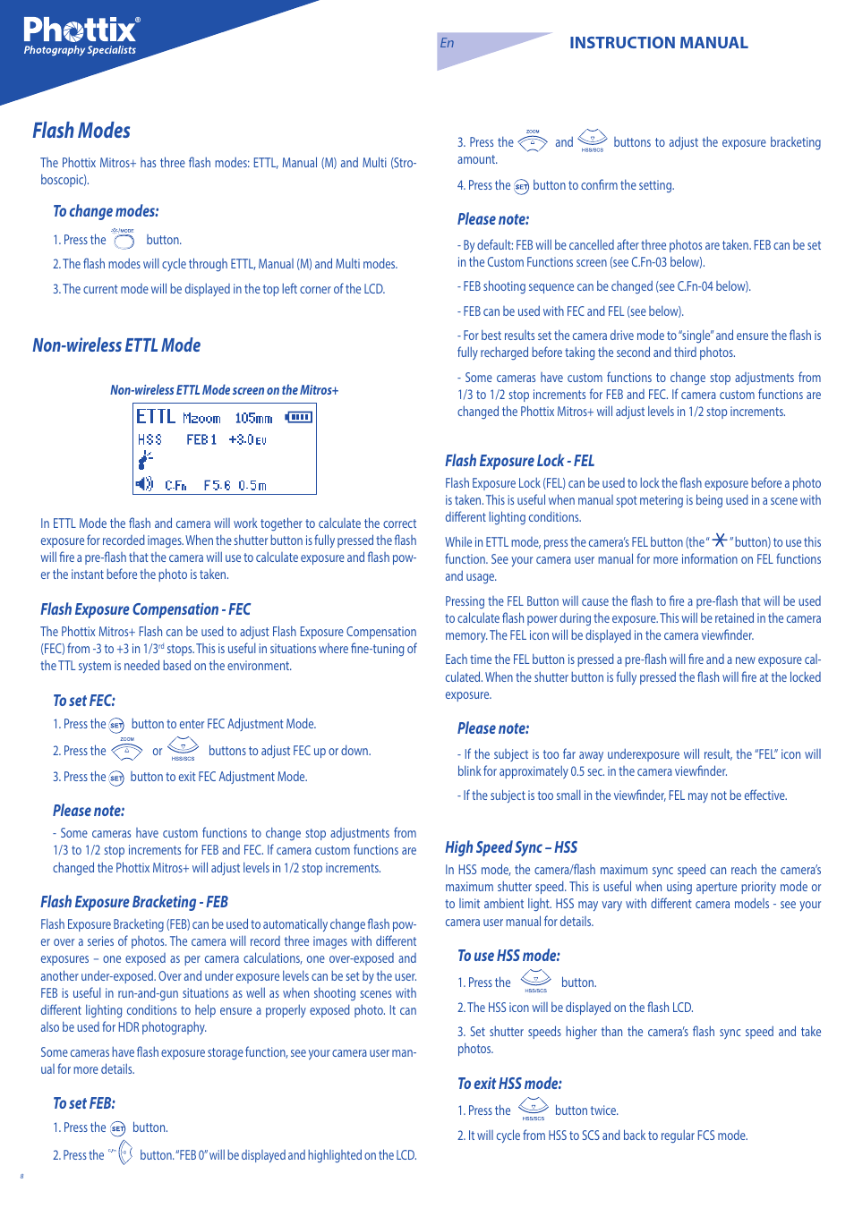 Flash modes, Non-wireless ettl mode | Phottix Mitros for Canon User Manual | Page 8 / 147