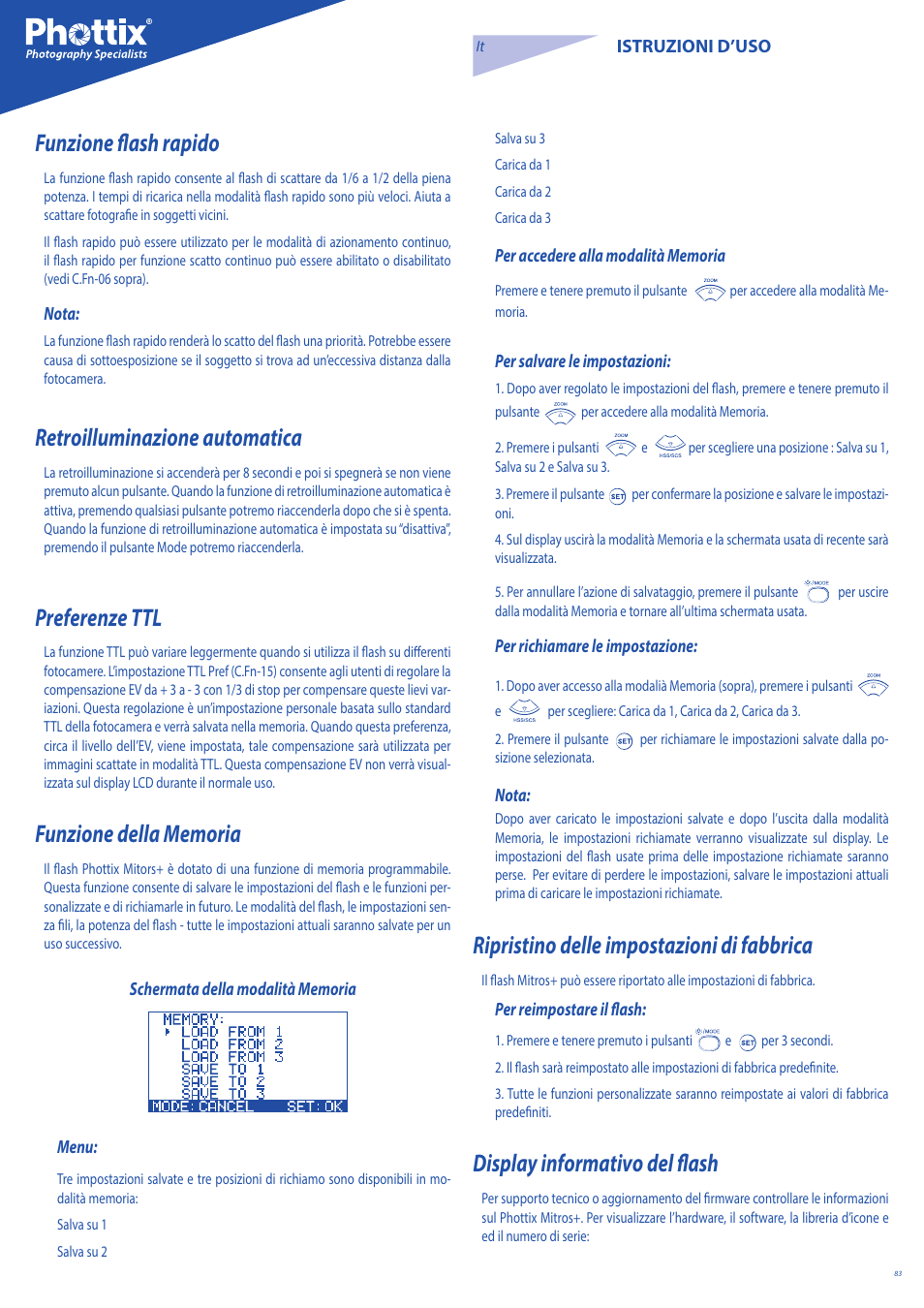 Funzione flash rapido, Retroilluminazione automatica, Preferenze ttl | Ripristino delle impostazioni di fabbrica, Display informativo del flash | Phottix Mitros for Canon User Manual | Page 83 / 147