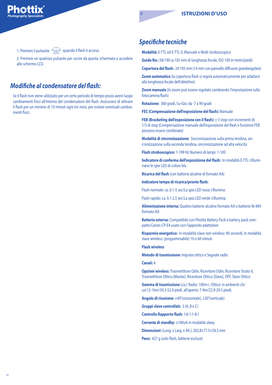 Specifiche tecniche, Modifiche al condensatore del flash | Phottix Mitros for Canon User Manual | Page 84 / 147