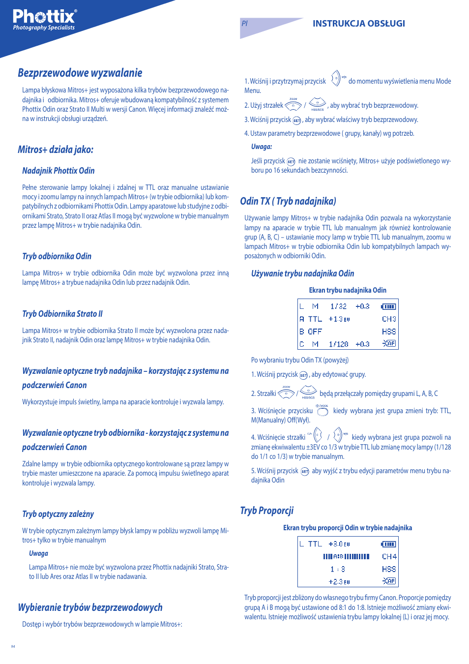 Bezprzewodowe wyzwalanie, Mitros+ działa jako, Wybieranie trybów bezprzewodowych | Odin tx ( tryb nadajnika), Tryb proporcji | Phottix Mitros for Canon User Manual | Page 94 / 147