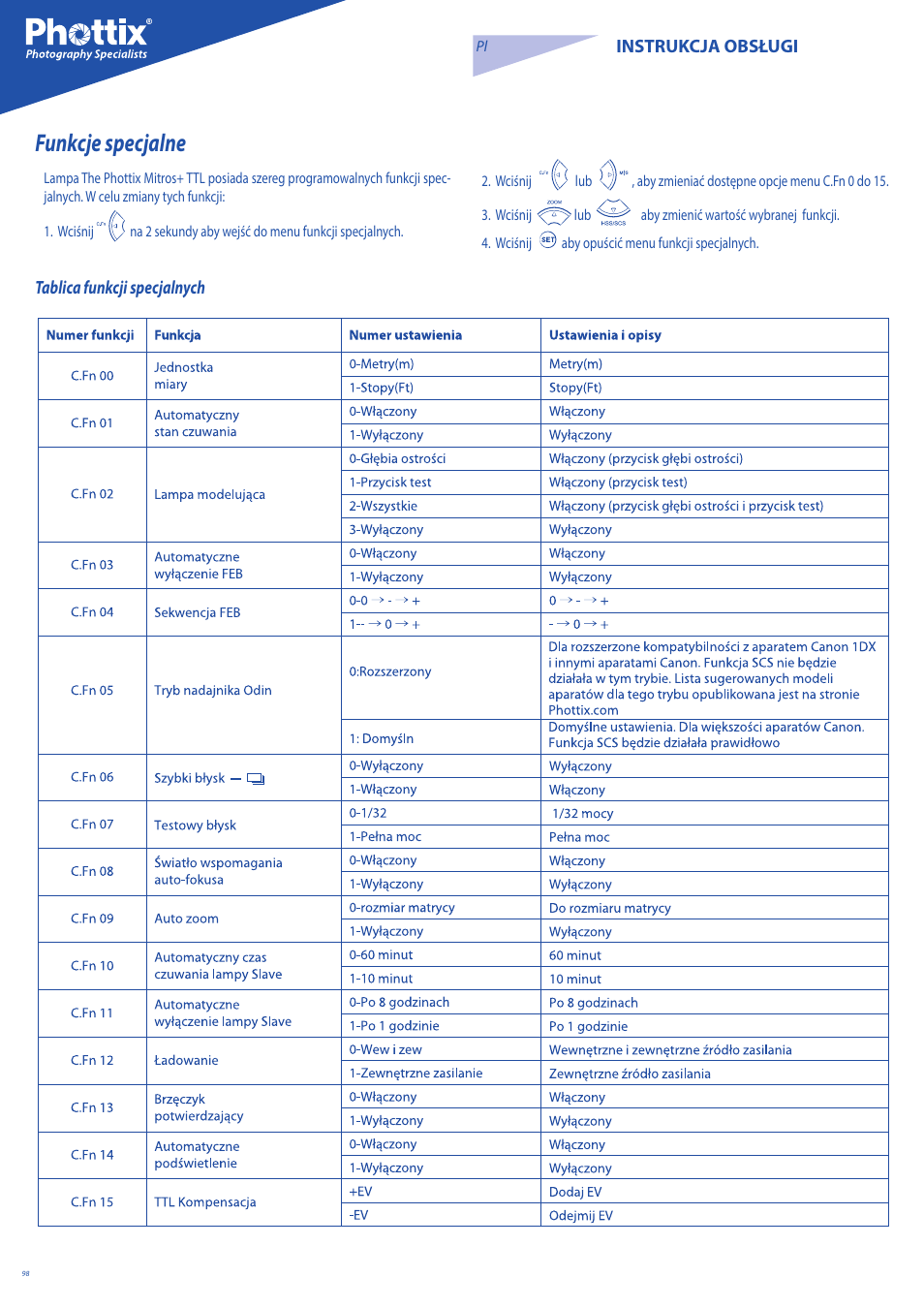 Funkcje specjalne | Phottix Mitros for Canon User Manual | Page 98 / 147