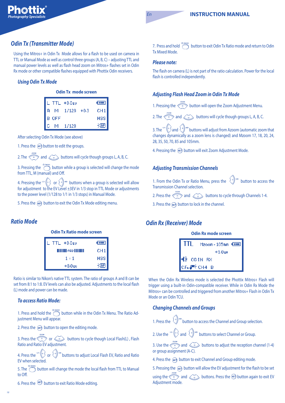 Odin tx (transmitter mode), Ratio mode, Odin rx (receiver) mode | Phottix Mitros for Nikon User Manual | Page 10 / 134