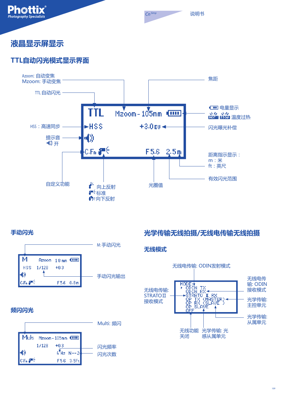 液晶显示屏显示, Ttl自动闪光模式显示界面, 光学传输无线拍摄/无线电传输无线拍摄 | Phottix Mitros for Nikon User Manual | Page 109 / 134