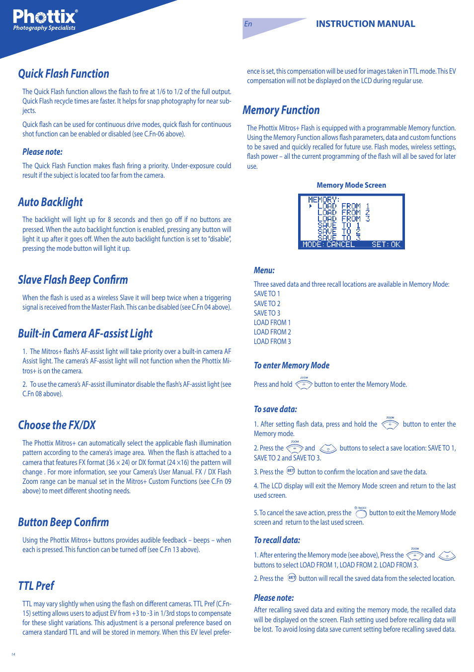 Quick flash function, Auto backlight, Slave flash beep confirm | Built-in camera af-assist light, Choose the fx/dx, Button beep confirm, Ttl pref | Phottix Mitros for Nikon User Manual | Page 14 / 134