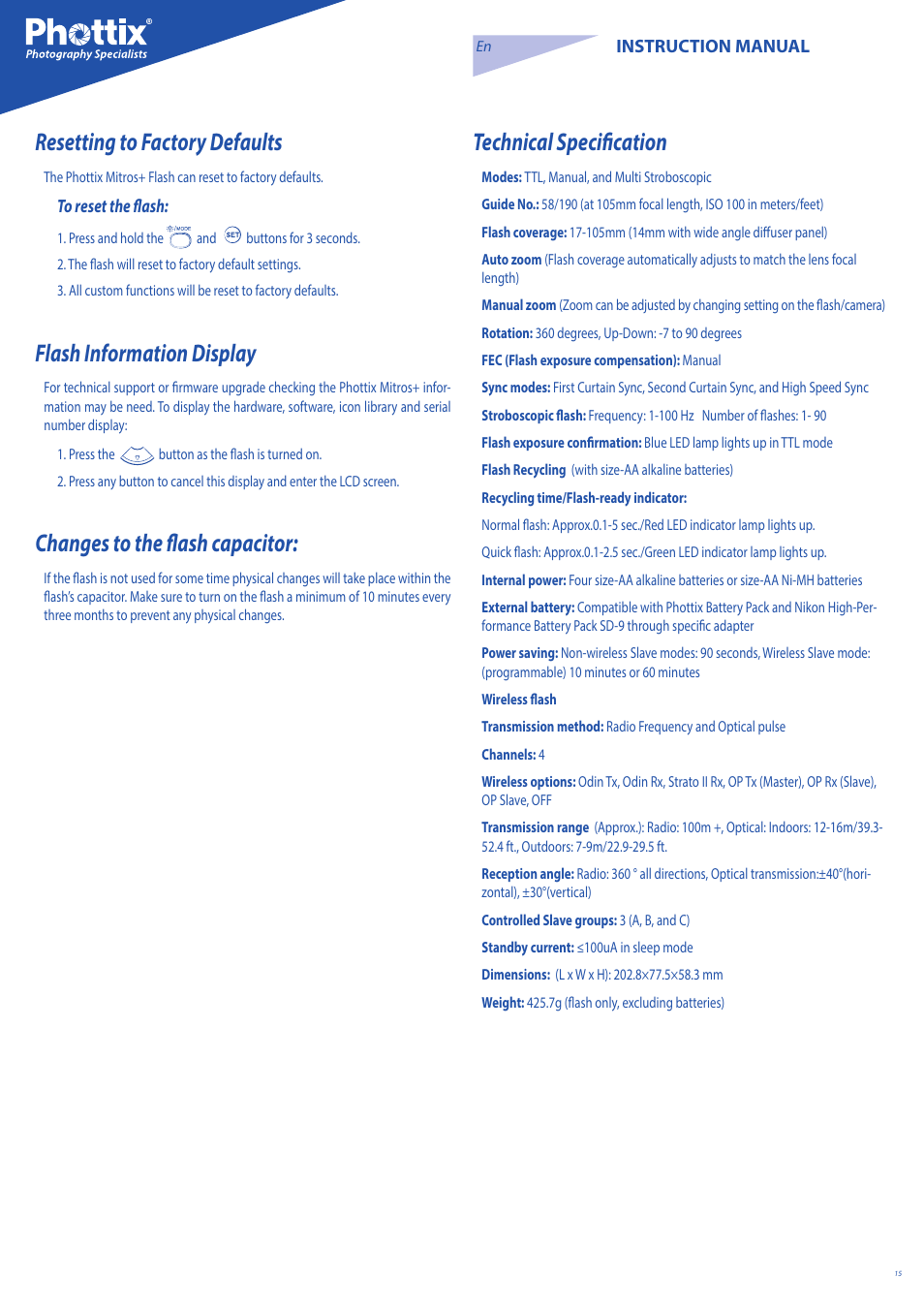 Technical specification, Resetting to factory defaults, Flash information display | Changes to the flash capacitor | Phottix Mitros for Nikon User Manual | Page 15 / 134