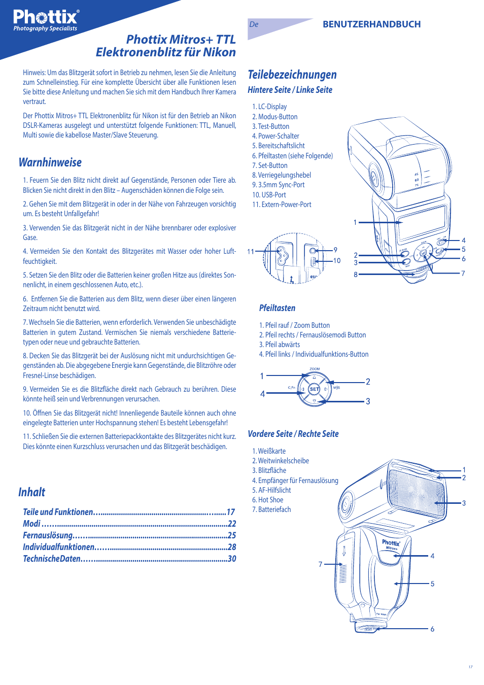 Teilebezeichnungen, Warnhinweise, Inhalt | Phottix mitros+ ttl elektronenblitz für nikon | Phottix Mitros for Nikon User Manual | Page 17 / 134