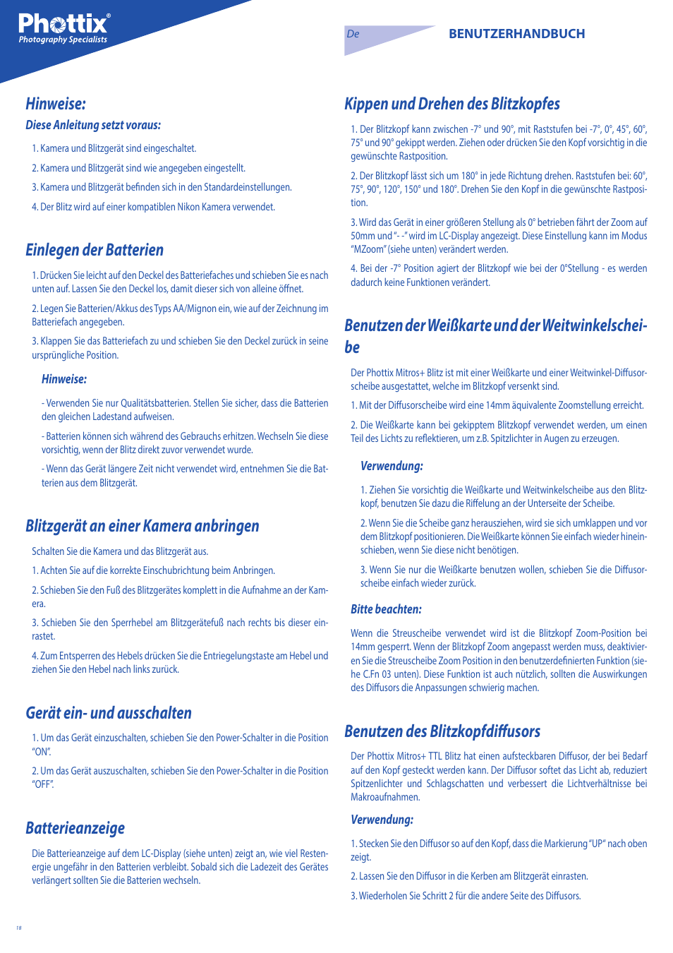 Hinweise, Einlegen der batterien, Blitzgerät an einer kamera anbringen | Gerät ein- und ausschalten, Batterieanzeige, Kippen und drehen des blitzkopfes, Benutzen der weißkarte und der weitwinkelschei- be, Benutzen des blitzkopfdiffusors | Phottix Mitros for Nikon User Manual | Page 18 / 134