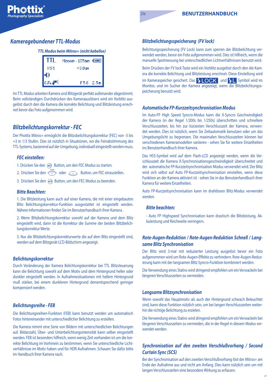 Kameragebundener ttl-modus, Blitzbelichtungskorrektur - fec | Phottix Mitros for Nikon User Manual | Page 23 / 134