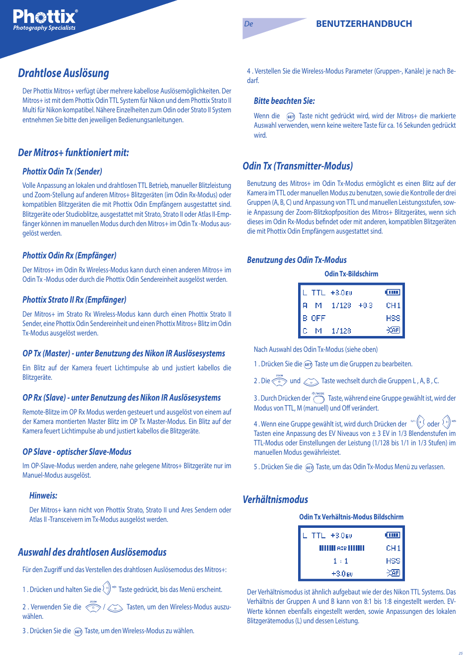 Drahtlose auslösung, Der mitros+ funktioniert mit, Auswahl des drahtlosen auslösemodus | Odin tx (transmitter-modus), Verhältnismodus | Phottix Mitros for Nikon User Manual | Page 25 / 134
