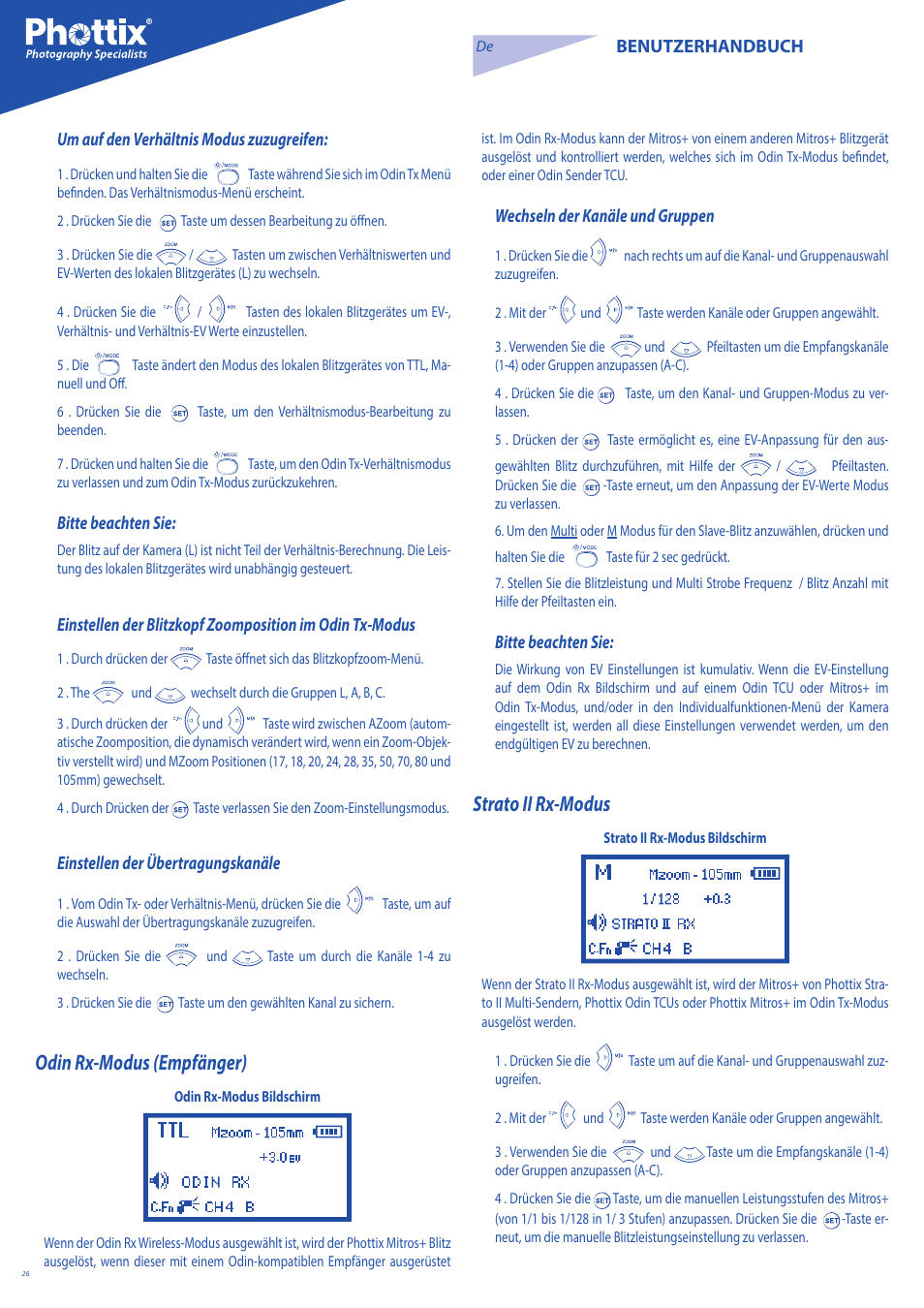 Odin rx-modus (empfänger), Strato ii rx-modus, Bitte beachten sie | Einstellen der übertragungskanäle, Wechseln der kanäle und gruppen | Phottix Mitros for Nikon User Manual | Page 26 / 134