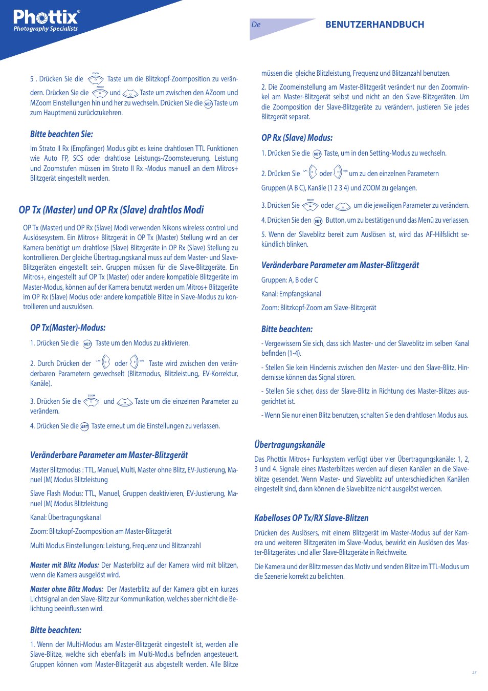 Op tx (master) und op rx (slave) drahtlos modi | Phottix Mitros for Nikon User Manual | Page 27 / 134