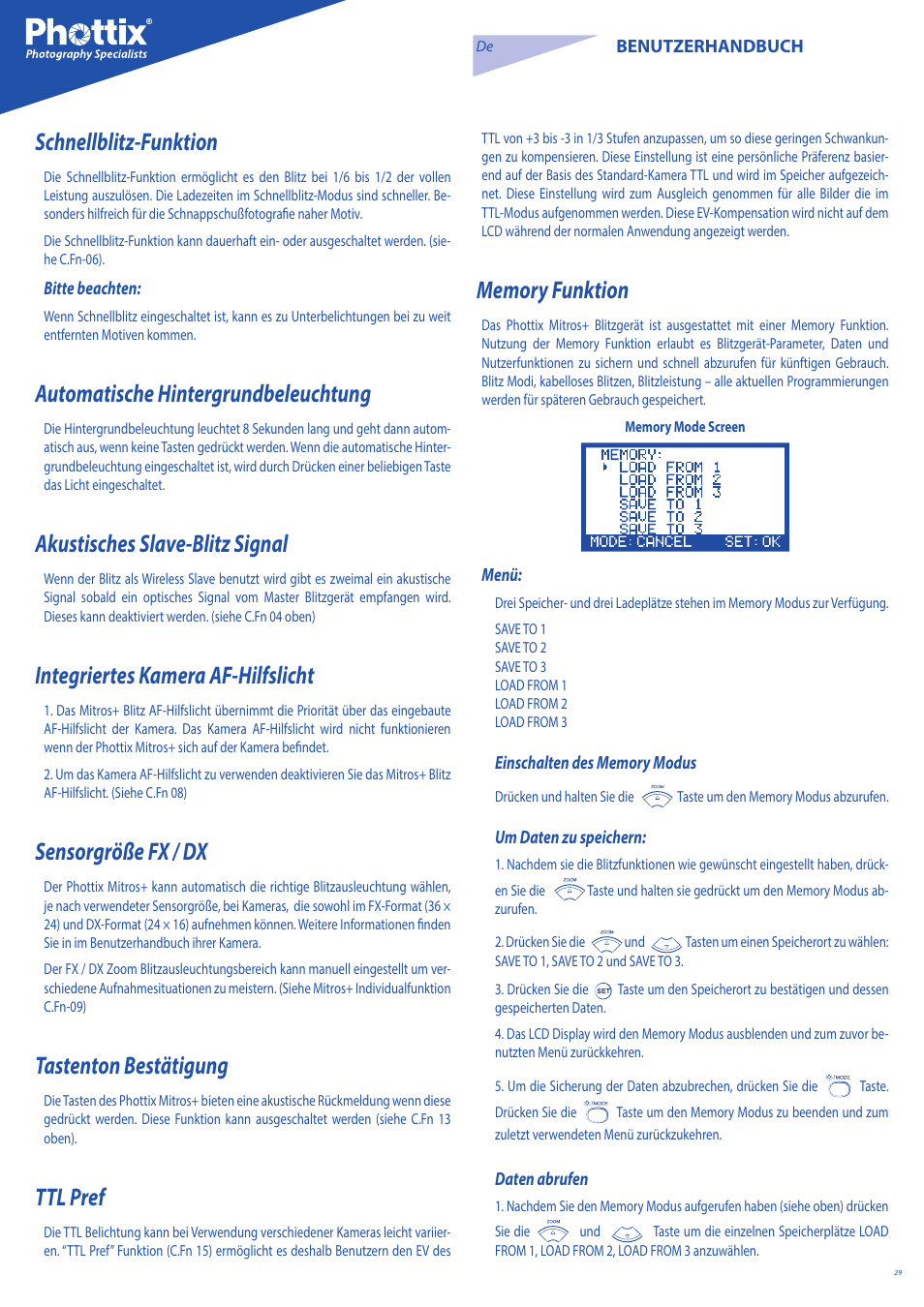 Schnellblitz-funktion, Automatische hintergrundbeleuchtung, Akustisches slave-blitz signal | Integriertes kamera af-hilfslicht, Sensorgröße fx / dx, Tastenton bestätigung, Ttl pref | Phottix Mitros for Nikon User Manual | Page 29 / 134