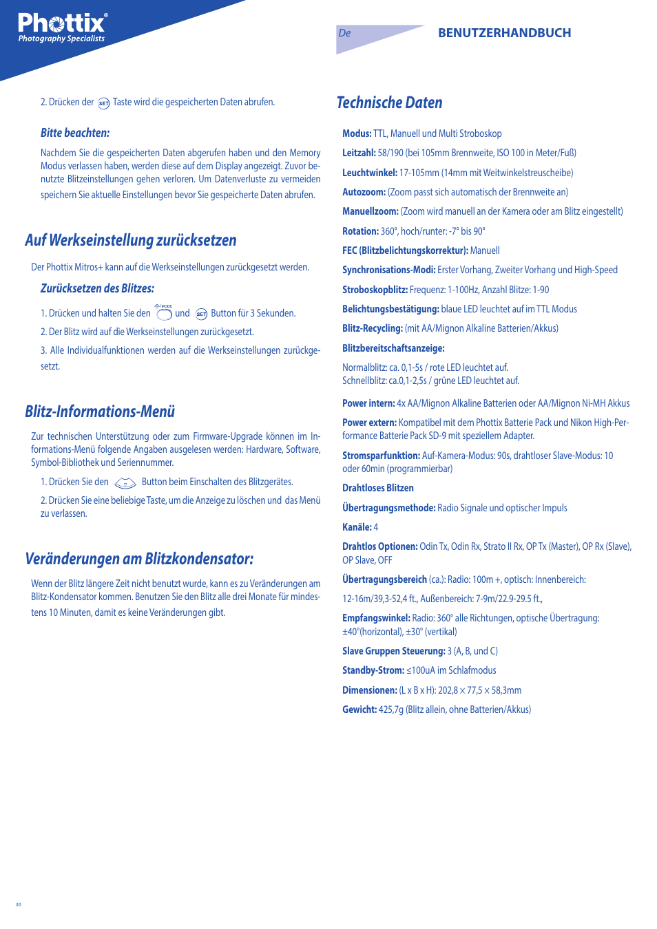 Auf werkseinstellung zurücksetzen, Blitz-informations-menü, Veränderungen am blitzkondensator | Technische daten | Phottix Mitros for Nikon User Manual | Page 30 / 134