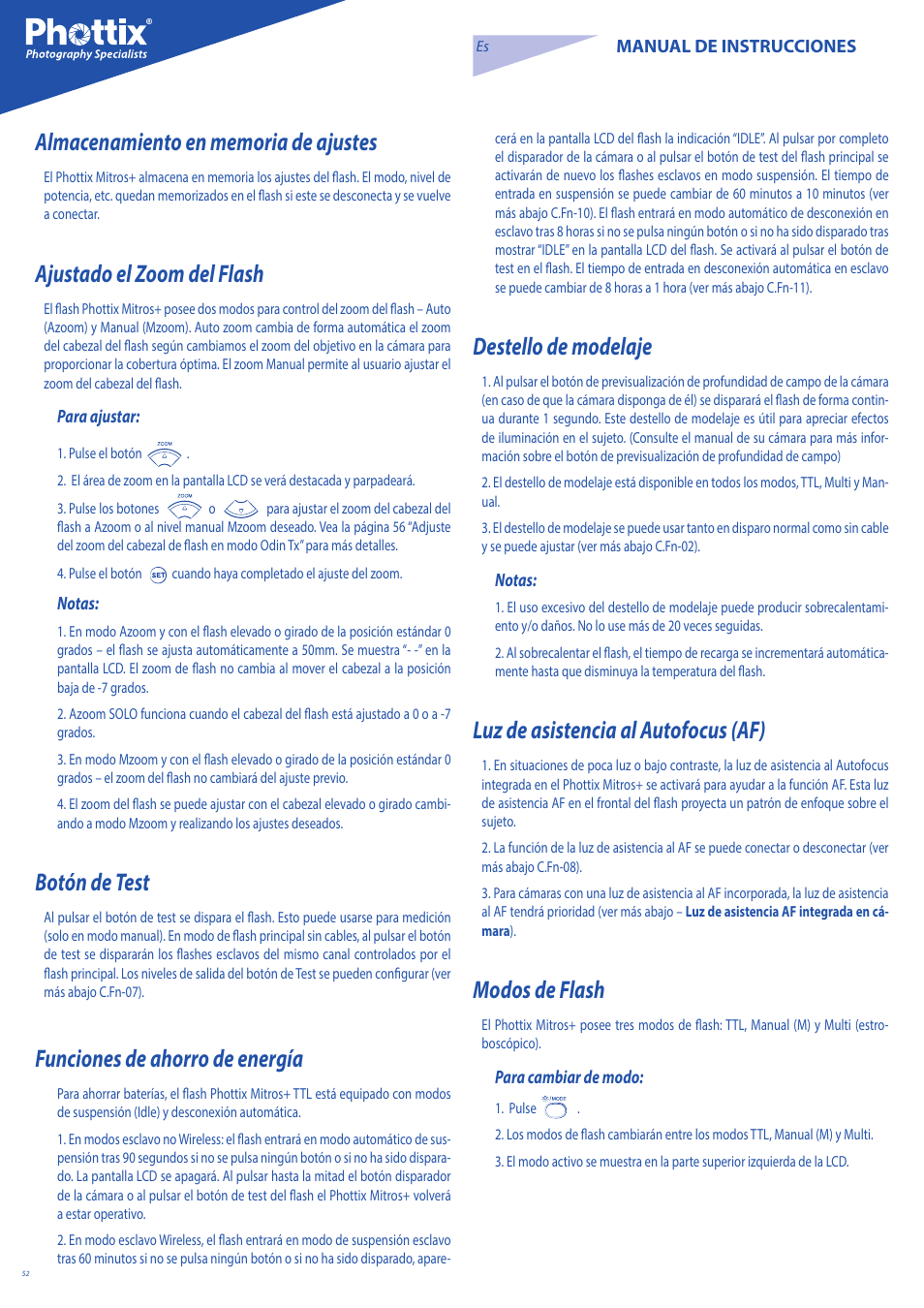 Ajustado el zoom del flash, Botón de test, Funciones de ahorro de energía | Destello de modelaje, Luz de asistencia al autofocus (af), Modos de flash | Phottix Mitros for Nikon User Manual | Page 52 / 134