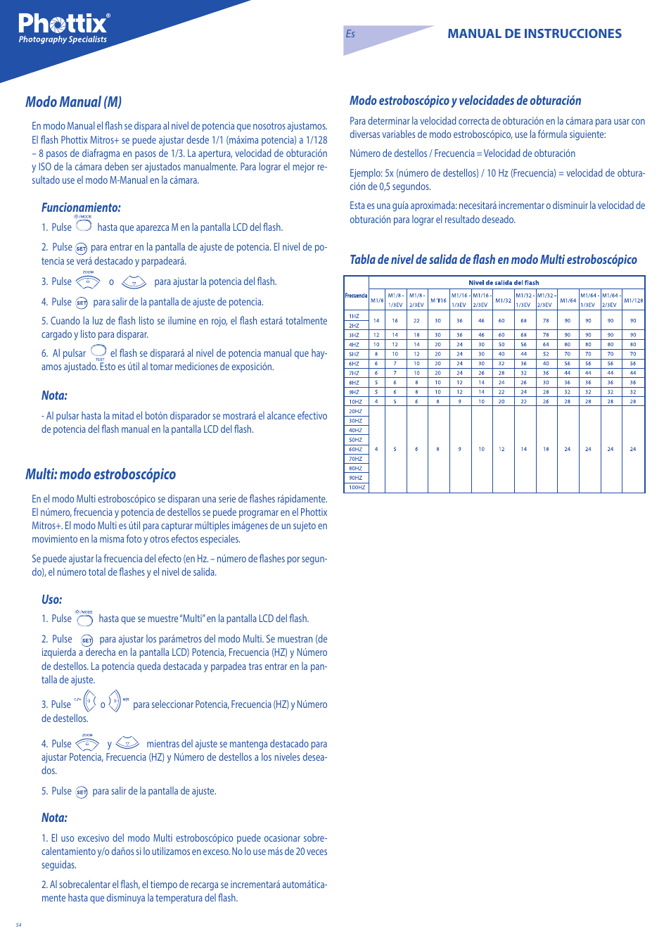 Modo manual (m), Multi: modo estroboscópico, Manual de instrucciones | Funcionamiento, Nota, Modo estroboscópico y velocidades de obturación | Phottix Mitros for Nikon User Manual | Page 54 / 134