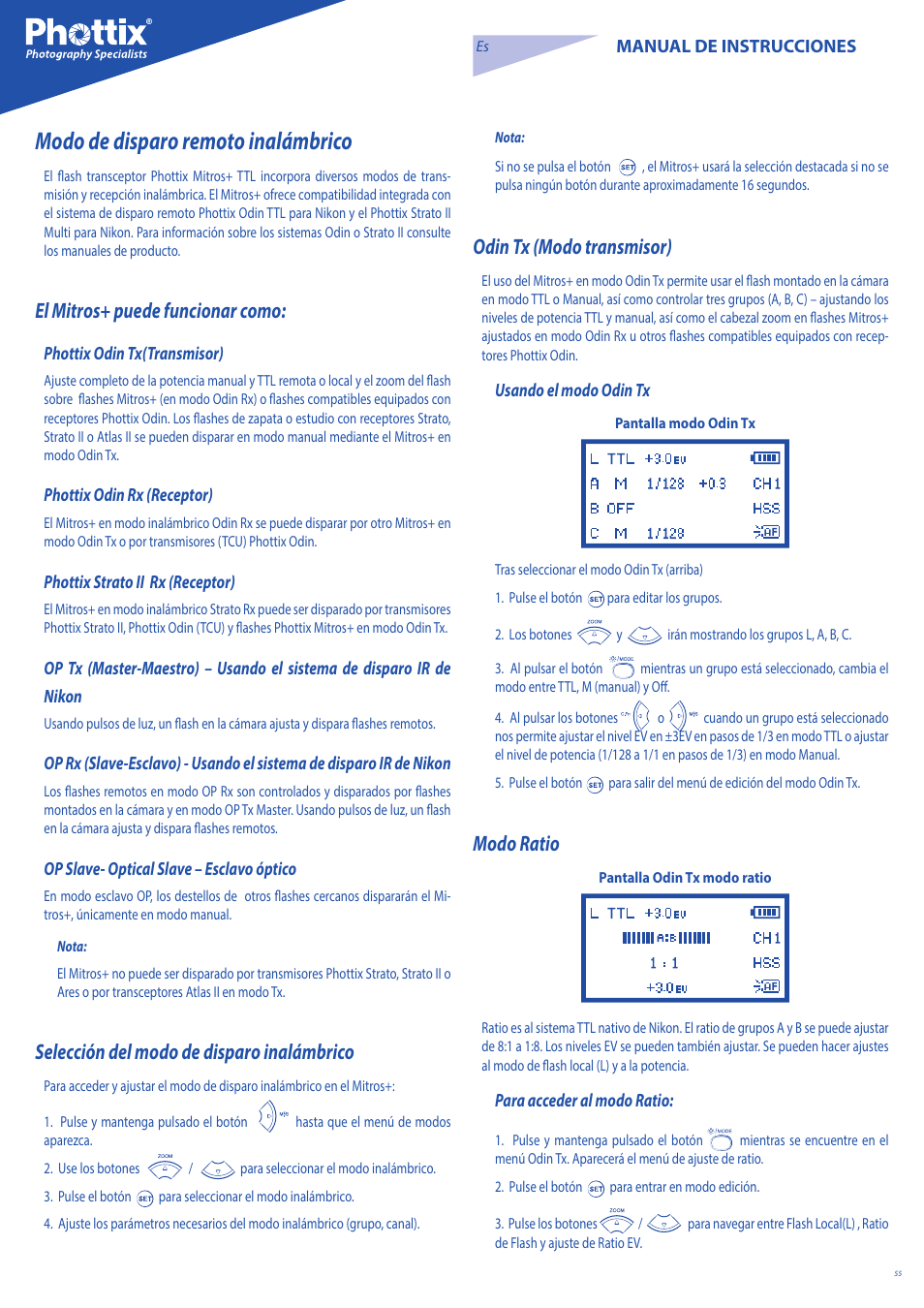 Modo de disparo remoto inalámbrico, El mitros+ puede funcionar como, Selección del modo de disparo inalámbrico | Odin tx (modo transmisor), Modo ratio | Phottix Mitros for Nikon User Manual | Page 55 / 134