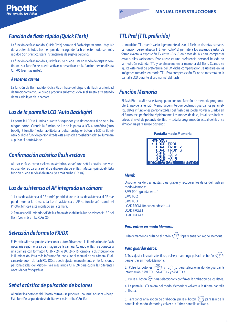 Función de flash rápido (quick flash), Luz de la pantalla lcd (auto backlight), Confirmación acústica flash esclavo | Luz de asistencia al af integrada en cámara, Selección de formato fx/dx, Señal acústica de pulsación de botones, Ttl pref (ttl preferido) | Phottix Mitros for Nikon User Manual | Page 59 / 134