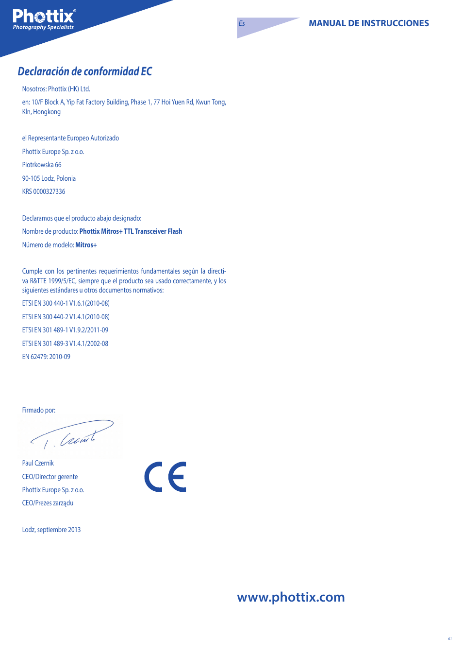 Declaración de conformidad ec | Phottix Mitros for Nikon User Manual | Page 61 / 134