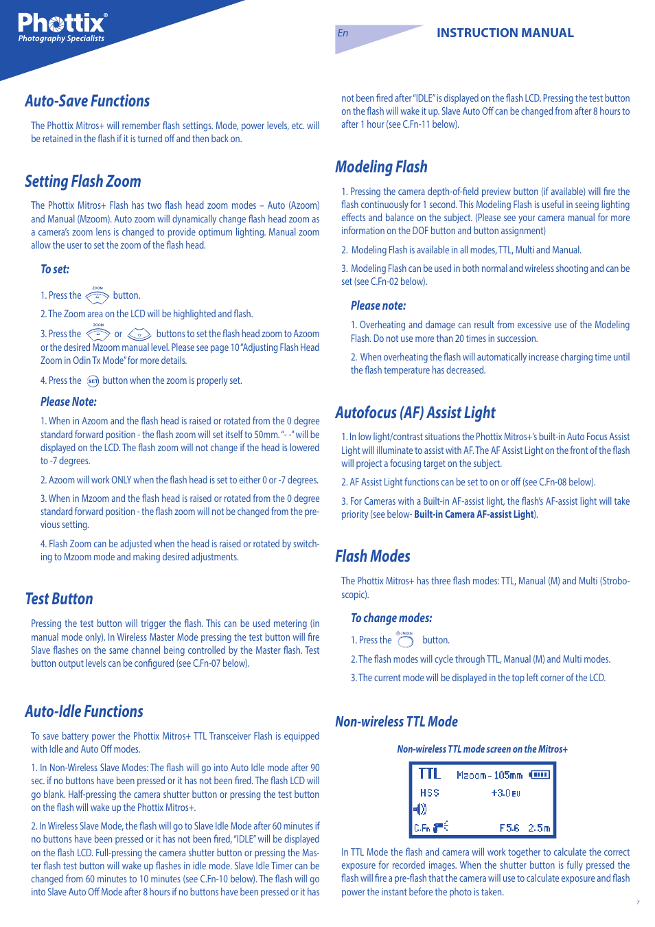 Auto-save functions, Setting flash zoom, Test button | Auto-idle functions, Modeling flash, Autofocus (af) assist light, Flash modes, Non-wireless ttl mode | Phottix Mitros for Nikon User Manual | Page 7 / 134