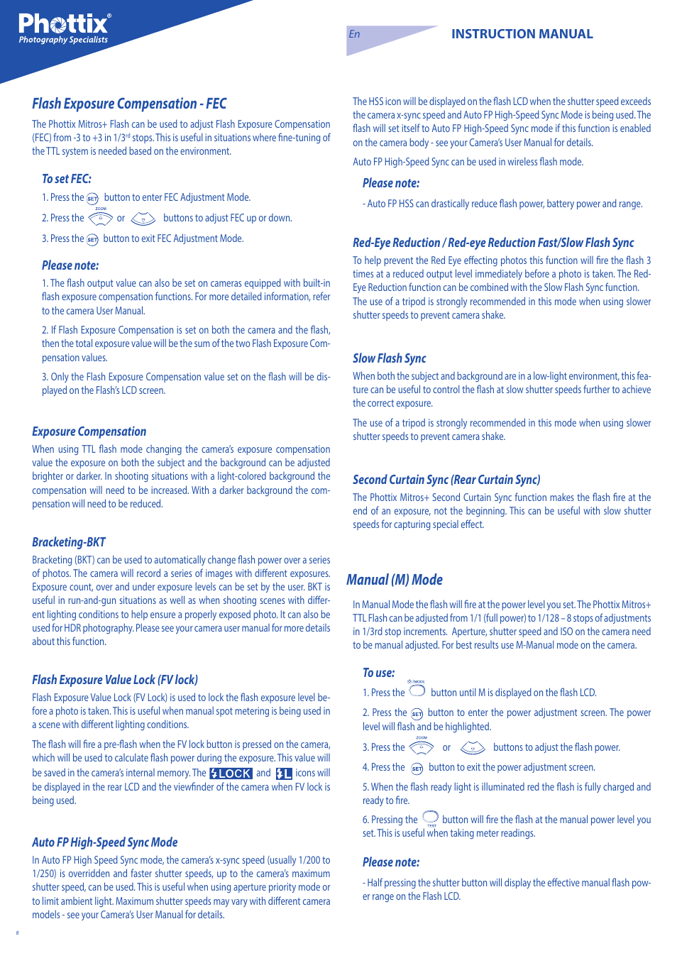 Flash exposure compensation - fec, Manual (m) mode | Phottix Mitros for Nikon User Manual | Page 8 / 134