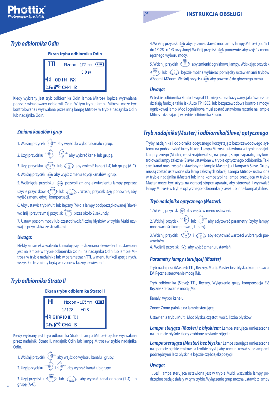 Tryb odbiornika odin, Tryb odbiornika strato ii | Phottix Mitros for Nikon User Manual | Page 86 / 134