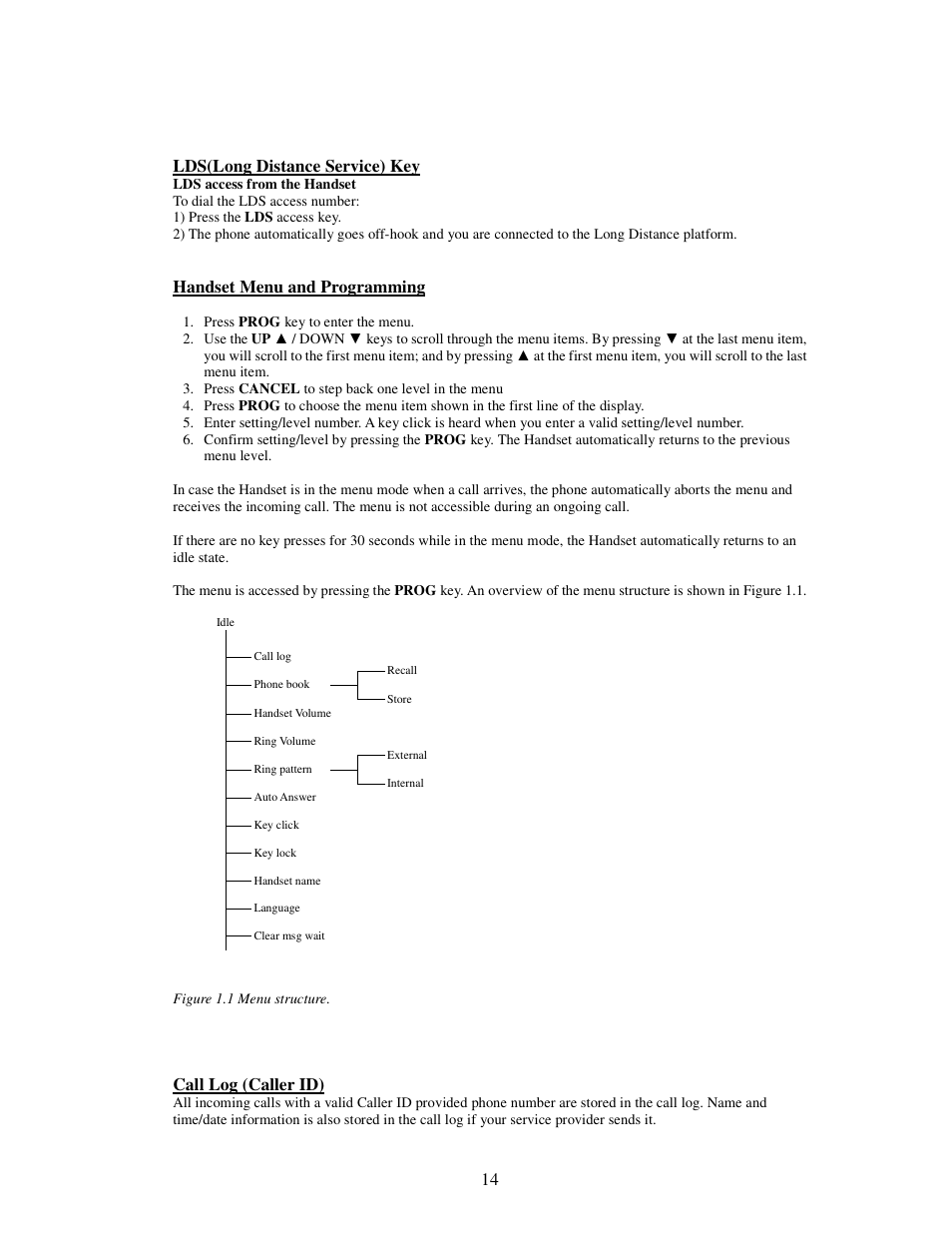 Lds(long distance service) key, Handset menu and programming, Call log (caller id) | American Telecom ATS 4121CCL User Manual | Page 14 / 28