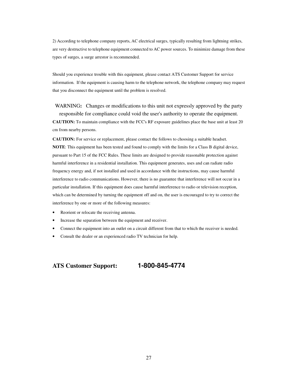 Ats customer support | American Telecom ATS 4121CCL User Manual | Page 27 / 28