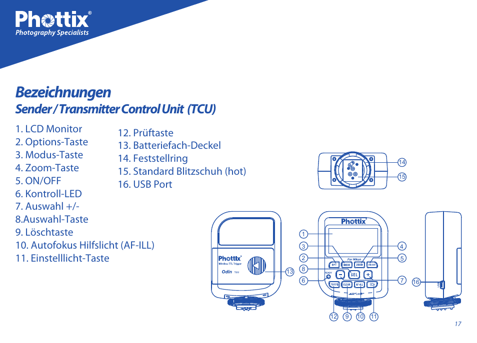 Bezeichnungen, Sender / transmitter control unit (tcu) | Phottix Odin for Nikon User Manual | Page 17 / 120
