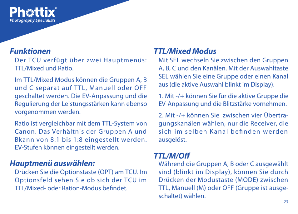 Funktionen hauptmenü auswählen, Ttl/mixed modus ttl/m/off | Phottix Odin for Nikon User Manual | Page 23 / 120