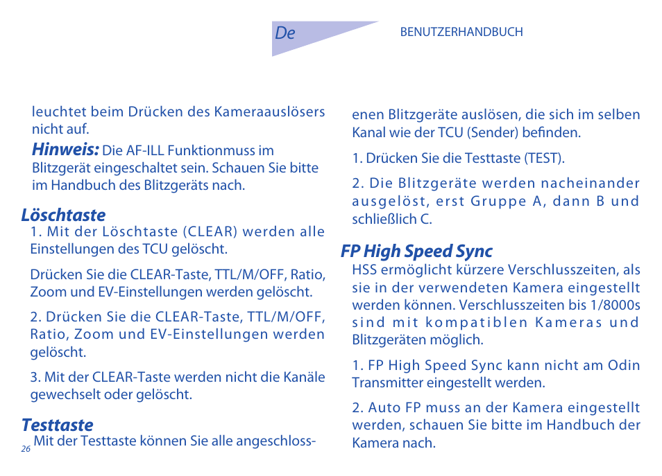 Löschtaste testtaste fp high speed sync, Hinweis | Phottix Odin for Nikon User Manual | Page 26 / 120