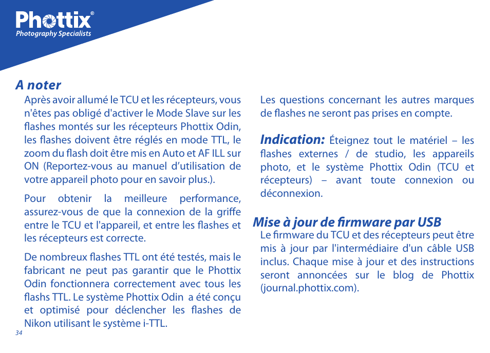 Mise à jour de firmware par usb, Indication | Phottix Odin for Nikon User Manual | Page 34 / 120