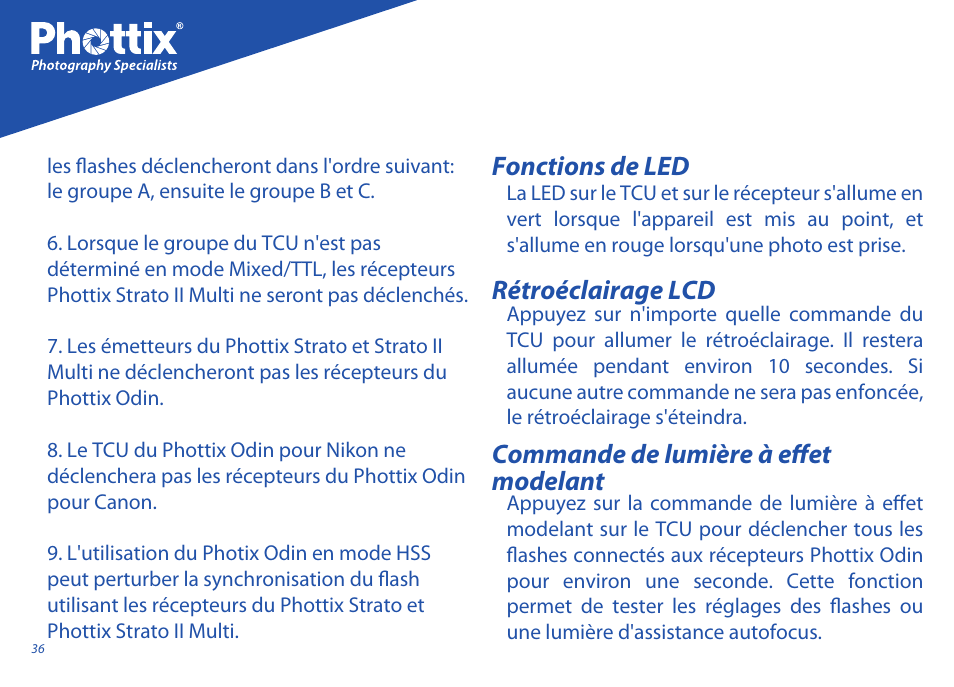 Fonctions de led rétroéclairage lcd, Commande de lumière à effet modelant | Phottix Odin for Nikon User Manual | Page 36 / 120