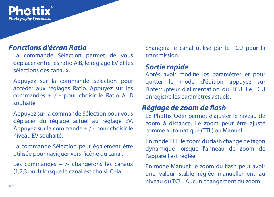 Fonctions d'écran ratio sortie rapide, Réglage de zoom de flash | Phottix Odin for Nikon User Manual | Page 40 / 120