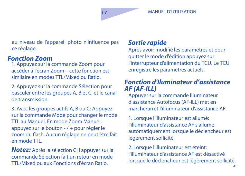 Fonction zoom, Sortie rapide, Fonction d'iluminateur d’assistance af (af-ill) | Phottix Odin for Nikon User Manual | Page 41 / 120