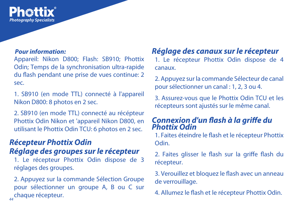 Réglage des canaux sur le récepteur, Connexion d'un flash à la griffe du phottix odin | Phottix Odin for Nikon User Manual | Page 44 / 120